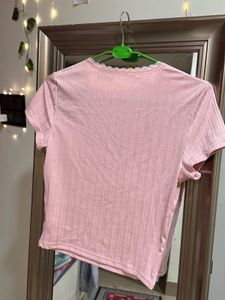 Pink Ribbed Lace Trim Top