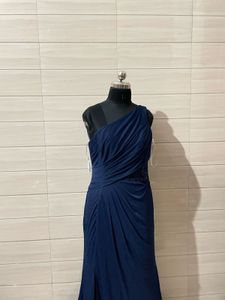 Imported Elegant Navy Blue One-Shoulder Gown