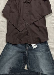 Brown Tie-Up Cotton Shirts M Size