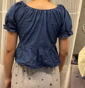 Denim Peplum Top with Lace Trim