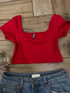 Red Square Neck Crop Top