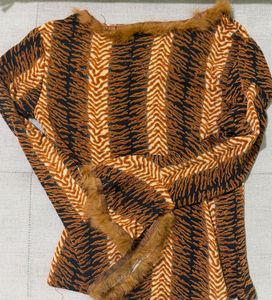 Unique Tiger Print V-Neck Top with Fur Trim
