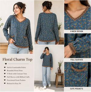 Blue Floral Long Sleeve V-Neck Top