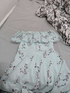 Light Blue Floral Print Off-Shoulder Dress