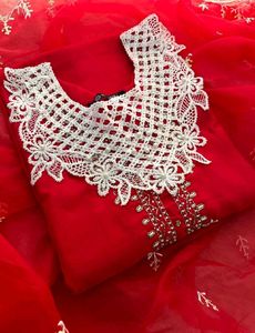 Red Kurta Set with Intricate White Lace Neckline