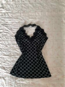 Black Lace Trim Print Halter Top