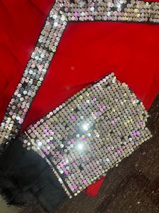 Red Frill Saree With Sequin Lace And Sequin Blouse