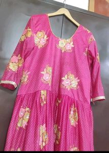 Rose Color Golden Floral Work Gown For 42 Bust