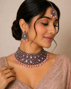 Stunning Pink & Silver Kundan Jewellery Set