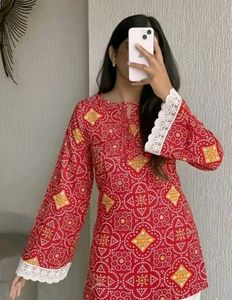 Red Bandhani Print Kurta with Lace