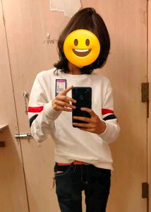 White Sweatshirt with Striped Sleeves