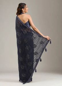 Koskii Blue Floral Stonework Chiffon Saree