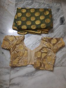 Olive Green Brocade Benarasi Saree With Blouse
