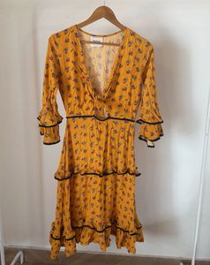 Yellow Floral Tiered Midi Dress