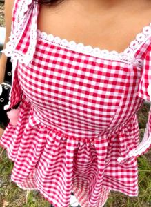 Red Gingham Dress with Lace Trim