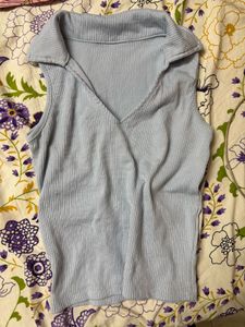 Light Blue Ribbed Collared Tank Top
