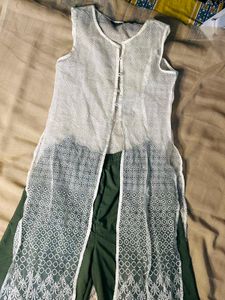 Elegant White Net Kurta with Green Palazzo