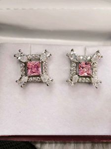Elegant Pink &amp; Crystal Stud Earrings 925 silver