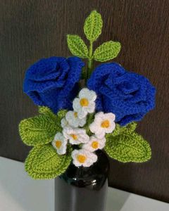 Crocheted Blue Roses & Daisies Floral Arrangement