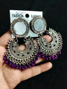 Oxidized Silver Jhumka Earrings with Purple Beads