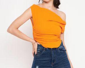 Chic Orange Ruched Cowl Neck Tank Top