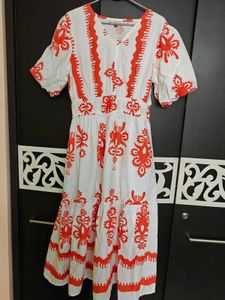 Cotton Midi Dress White With Orange Print