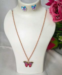 Delicate Chain Metal Combo Pink Necklace Eyerring