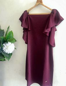SHECZZAR Maroon Shimmer Ruffle Sleeve Dress