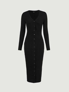 Ribbed classy black Button-Front Midi Dress🖤