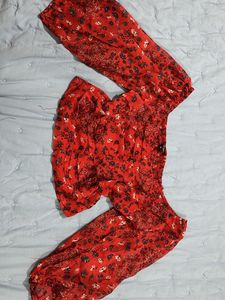Red Floral Off-Shoulder Puff Sleeve Top