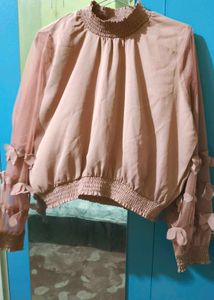 plusS Women Peach-Coloured Self Design Blouson Top