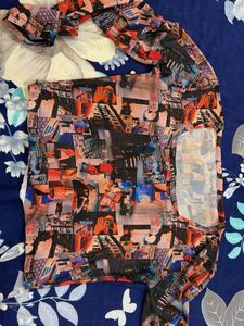 2 Artistic Collage Print Mesh Tops