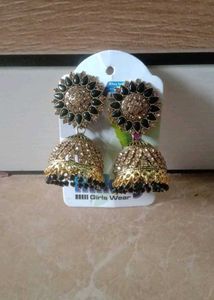 Gold Jhumka Earrings with Black Stones