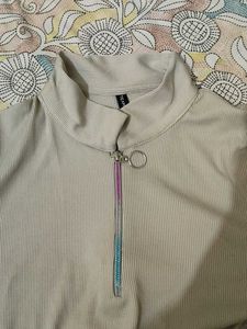 Beige Ribbed Zip-Up Mock Neck Top