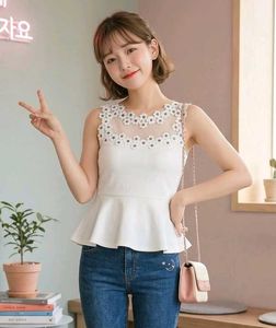Chic White Peplum Top with Floral Neckline