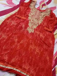 Red Saree with Frayed Detail