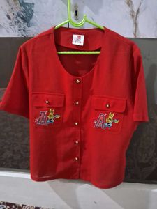 Red Button-Up Top with Cute Embroidery