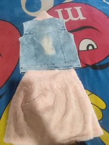 Sparkly Denim Vest with Fur Collar