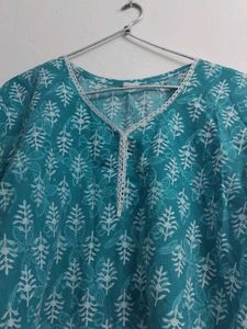 Teal Printed Cotton Kurta
