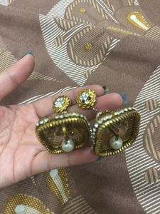 Elegant Jhumka Earrings with Pearls &amp; Stones