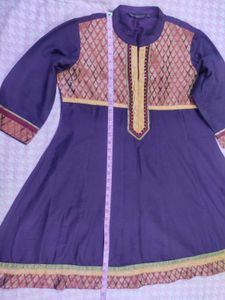 Purple Ethnic A-line Kurta With Red &amp; Golden Jari