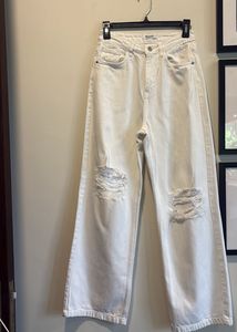 Cream Distressed Wide-Leg Jeans
