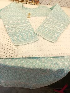 Beautiful White and Sea green Cotton Chikankari ku
