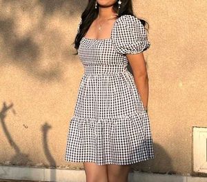 Blue Gingham Puff Sleeve Dress