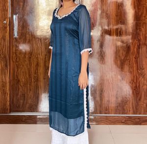 Teal Shimmer Kurti with White Lace Trim
