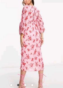 Pink Floral Pleated Midi Dress