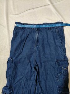 Trendy Beige Ribbed Cami Top + Blue Wide Leg Cargo