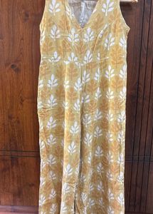Yellow Leaf Print Sleeveless Jumpsuit