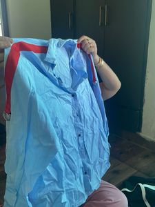 Men's Blue Button-Up Shirt with Red Stripe Detail