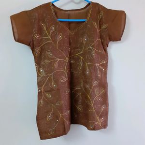 Brown Embroidery Short Top
